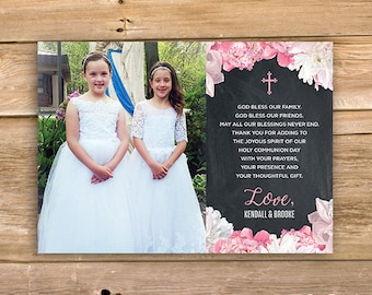 Flores primera comunión gracias, gracias de la comunión, bautismo gracias, niña, Cruz, flor, pizarra, imprimible, instant download