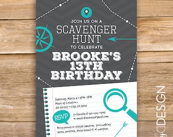 Scavenger Hunt Birthday Party Invite, scavenger invitation, scavenger game, any age, printable, instant download