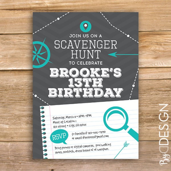 Scavenger Hunt Birthday Party Invite, scavenger invitation, scavenger game, any age, printable, instant download