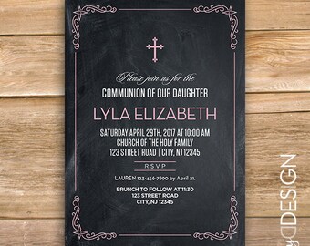 Invitación de primera comunión de niña, comunión invitar, invitar a bautismo, pizarra, Cruz, rosa, pizarra, imprimible, instant download