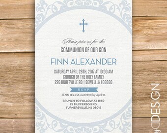 Niño primera comunión invitación comunión invitar, invitar a bautismo, religiosas, Cruz, azul, imprimible, instant download