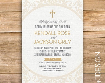 Primera invitación de la comunión, comunión invitar, invitar a bautismo, religioso, género neutro, oro, Cruz, descargar imprimible, instantánea