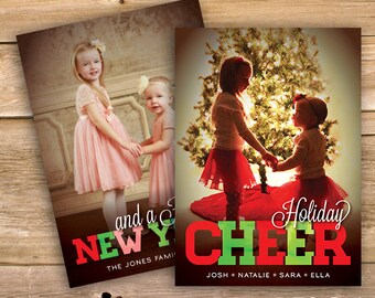 Ánimo y feliz año nuevo tarjetas de Navidad, tarjeta de Navidad personalizada foto de vacaciones, 2 caras foto tarjeta, descarga instantánea, para imprimir