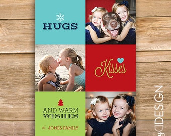 Abrazos, besos y cálidos deseos tarjeta de Navidad, tarjeta de Navidad con foto personalizada, Foto tarjeta, copos de nieve, descargar imprimible, instantánea