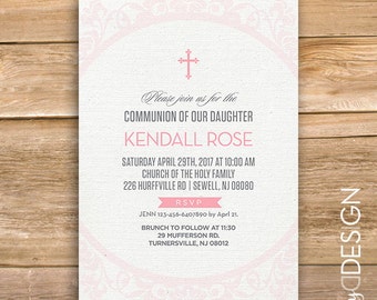 Niña primera comunión invitación comunión invitar, invitar a bautismo, religiosas, Cruz, rosa, imprimible, instant download