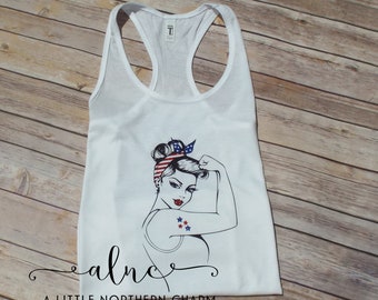 Rosie Inspired Tank, Patriotic Women Tank, Military Wife Tank, Military Inspired Tank, American Flag Tank,