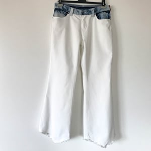 Vintage White Blue Denim Summer trousers Bohemian Jeans Summer white denim Women pants with fringe American jeans Medium Size