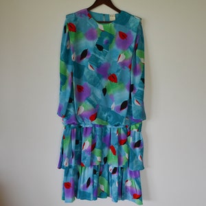 Vintage 70s Colorful party Dress Women summer dress Padded sleeves dress low waist with volcanos thematic party dress Medium Size
