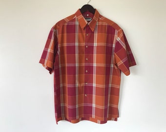 Men's Summer shirt Red Orange Shirt Men Button up Shirt Short Sleeve Shirt checkered summer Shirt Cotton Work Shirt Large Size