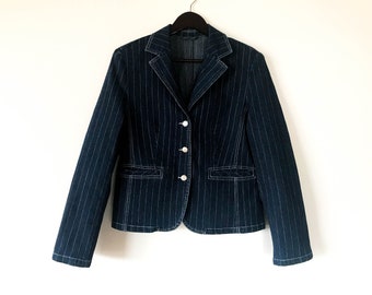 Vintage Blue Striped Denim Jacket Women Denim Jacket Cropped Denim Jacket Jean Summer Blazer Blue Denim Coat Small Size Jacket