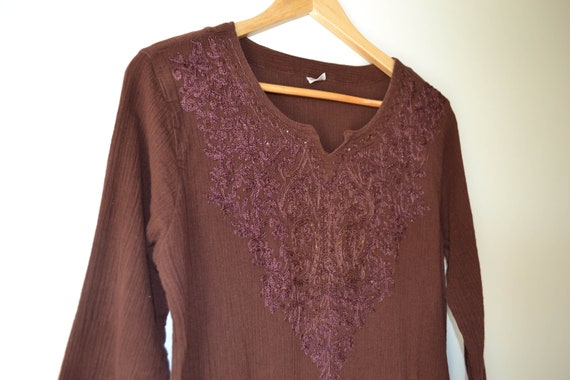 Brown Cotton Blouse Long Sleeve Women blouse Boho… - image 4