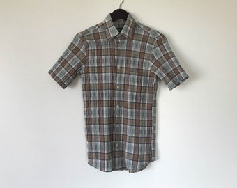 Men's Summer sport shirt Brown Beige Shirt Men Button up Shirt Short Sleeve Shirt checkered summer Shirt Cotton Work Shirt Small Size