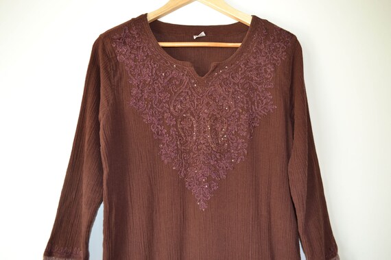 Brown Cotton Blouse Long Sleeve Women blouse Boho… - image 3
