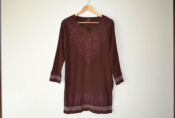 Brown Cotton Blouse Long Sleeve Women blouse Boho… - image 1