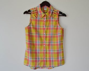 Vintage Frauen Shirt Baumwolle gelb Shirt Frauen Home Shirt leichte Bluse ärmellose Shirt Frauen Partei Bluse Geschenk für ihre Größe Small