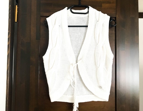 Knitted Fringe Vest Ivory White Vest Women Boho V… - image 1
