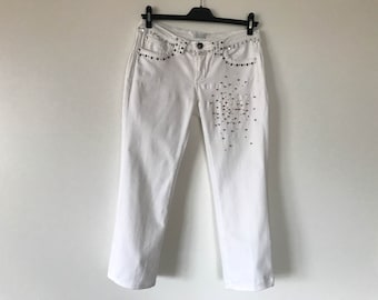 Vintage pół białe dżinsy letnich kobiet Denim jeans czeskie lato jeansy denim spodnie kobiet biały haftowane perłami amerykańskich jeansów idealnie