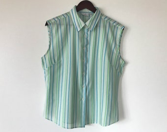 Vintage Women Shirt Thin Green Blue Striped Shirt Women Home Shirt Lightweight blouse sleeveless Shirt Gift for Mom shirt Size Medium