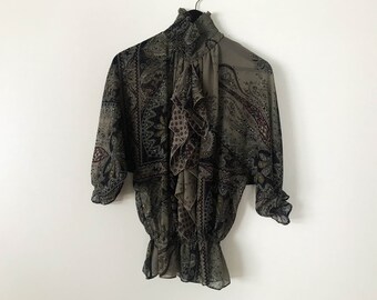 Gray Broun Vintage 80s Blouse Women Boho Blouse Floral Summer Blouse Bohemian Tunic Summer Days Blouse Hippie Boxy Shirt Small Size
