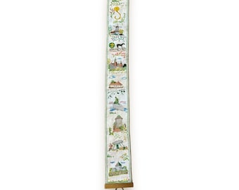 Vintage European Cross Stitch Bell Pull, Brass Accents, 42 Inches Wall Hanging