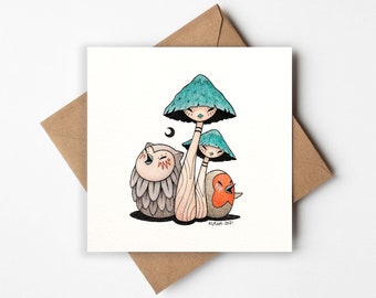 Mind the forest - Greeting Cards - Art Greeting Cards - Art Cards - Blank Inside  - Illustrated Mushrooms - Owl - Robin - Any occasion