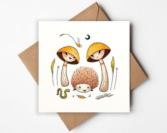Mind the forest - Greeting Cards - Art Greeting Cards - Art Cards - Blank Inside  - Illustrated Mushrooms - Hedgehog - Any occasion
