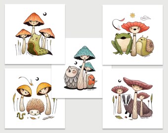 5 Pack of Mushrooms Greeting Cards with envelope - Mind the forest - Art Greeting Cards - Blank Inside - Mushrooms - Any occasion
