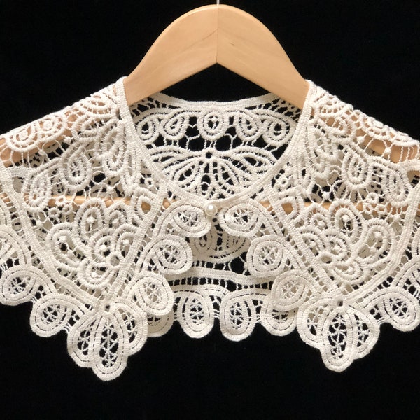 Collier oversize en dentelle ivoire en crochet de coton, col amovible, col Claudine, faux col, faux col en dentelle