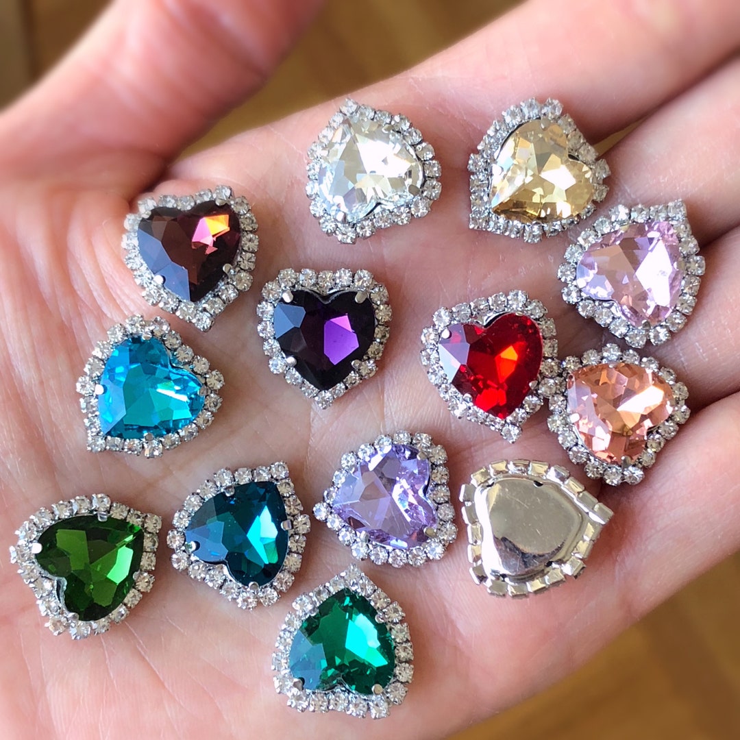 Silver Rhinestone Heart 14 Colors 10pcs 12mm Sew on Heart Shaped Rhinestone Crystal Glass ...