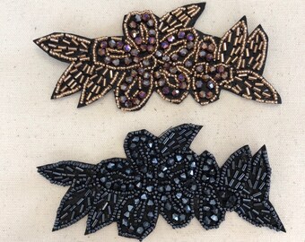 Clearance 10pcs Beaded rhinestone appliqué beaded leaves appliqué beaded rhinestone headband  beaded navy blue appliqué