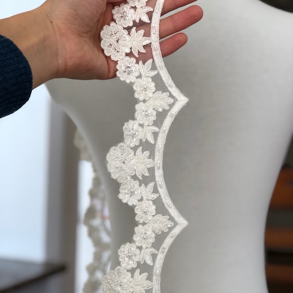 Exquisite beaded off white lace trim bridal lace trim, alencon lace trim, vintage lace, scalloped lace wedding trim lace, Bridal veil lace