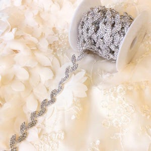 May include: A spool of silver rhinestone trim with a scalloped edge. The trim is on a white fabric background.