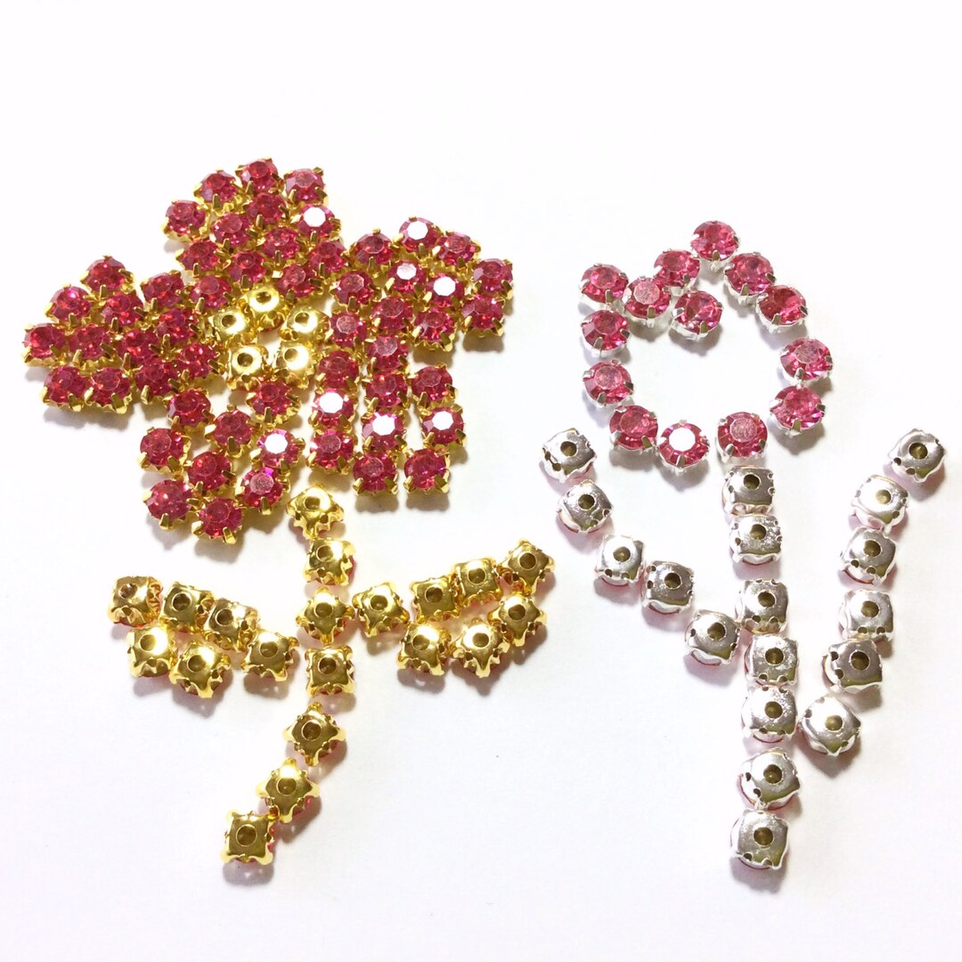 50pcs 4mm 6mm Sew on Crystal Glass Rhinestones Deep Pink Round Beads