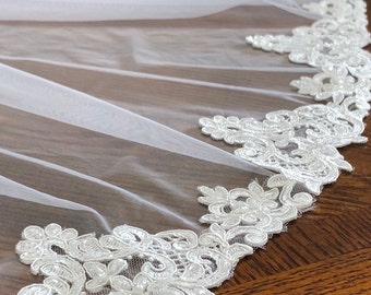 7.5cm width exquisite beaded Ivory lace trim, bridal lace trim, bridal veil lace trim, scalloped lace wedding trim lace