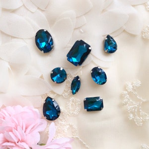 8pcs mixed shapes peacock blue sew on Oval rhinestone crystal glass rhinestone  crystal rhinestone silver setting sewing flat back