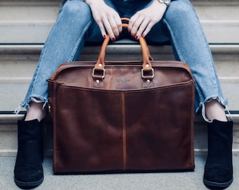 Leather briefcase with shulder strap 15.6 inch laptop satchel Messenger Bag for men and women - Niche Lane Loxley Coffee