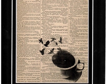 103 Dictionary Art cup of coffee birds flying away