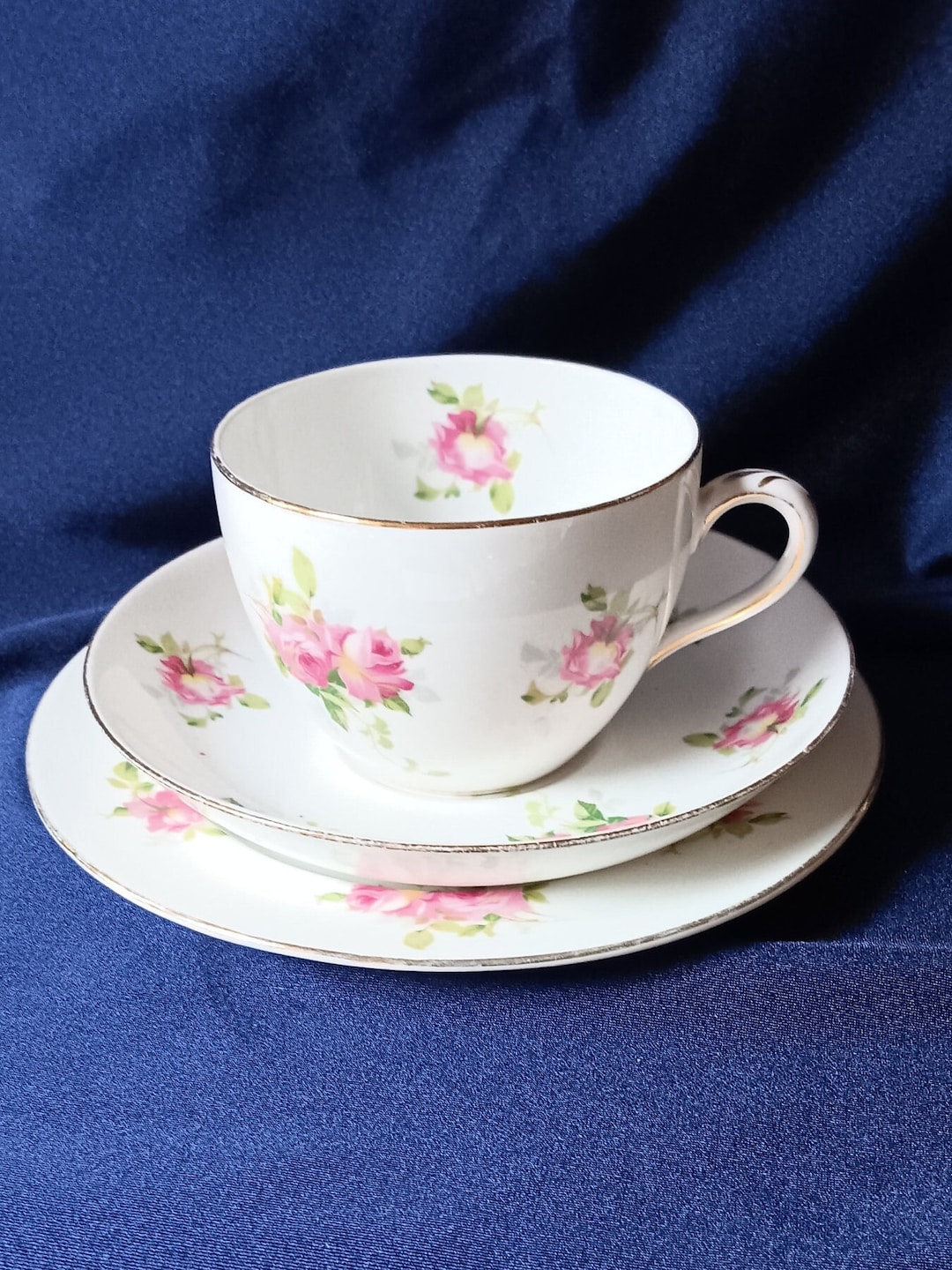 Vintage Trio, Tea Trio, China Trio, Vintage Tea Cups, Crown Staffordshire Trios, Pink Roses