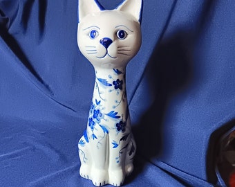 Cat Figurine, Cat Ornament, Blue and White Cat, Chinoiserie Cat, Ceramic Cat, Collectible Cat, Cat Mom, Home Decor, Vintage Cat, Gift Idea