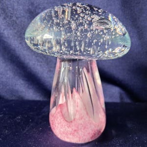 May include: A clear glass mushroom sculpture with a pink base and a bubble-filled cap. The mushroom's stem is a translucent pink, and the cap is filled with small air bubbles, creating a whimsical decorative piece.