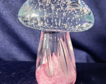 Pink Glass Mushroom, Glass Toadstool, Paperweight, Studio Glass, Art Glass Mushroom, Home Decor, Toadstool Ornament, Retro Coloured Glass