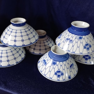 Rice Bowls, Dining Set, Set of 6 Bowls, Blue and White Ceramic Bowls, Soup Bowls, Oriental Bowls, Kitchen Decor, Vintage Gift, Eastern Food