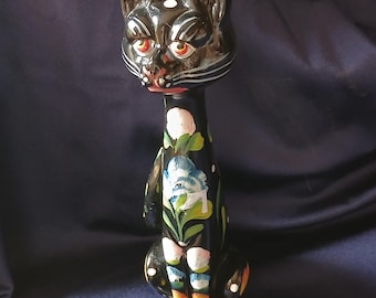 Hand-painted Ceramic Cat Figurine, Mid Century Italian Black Cat Decor