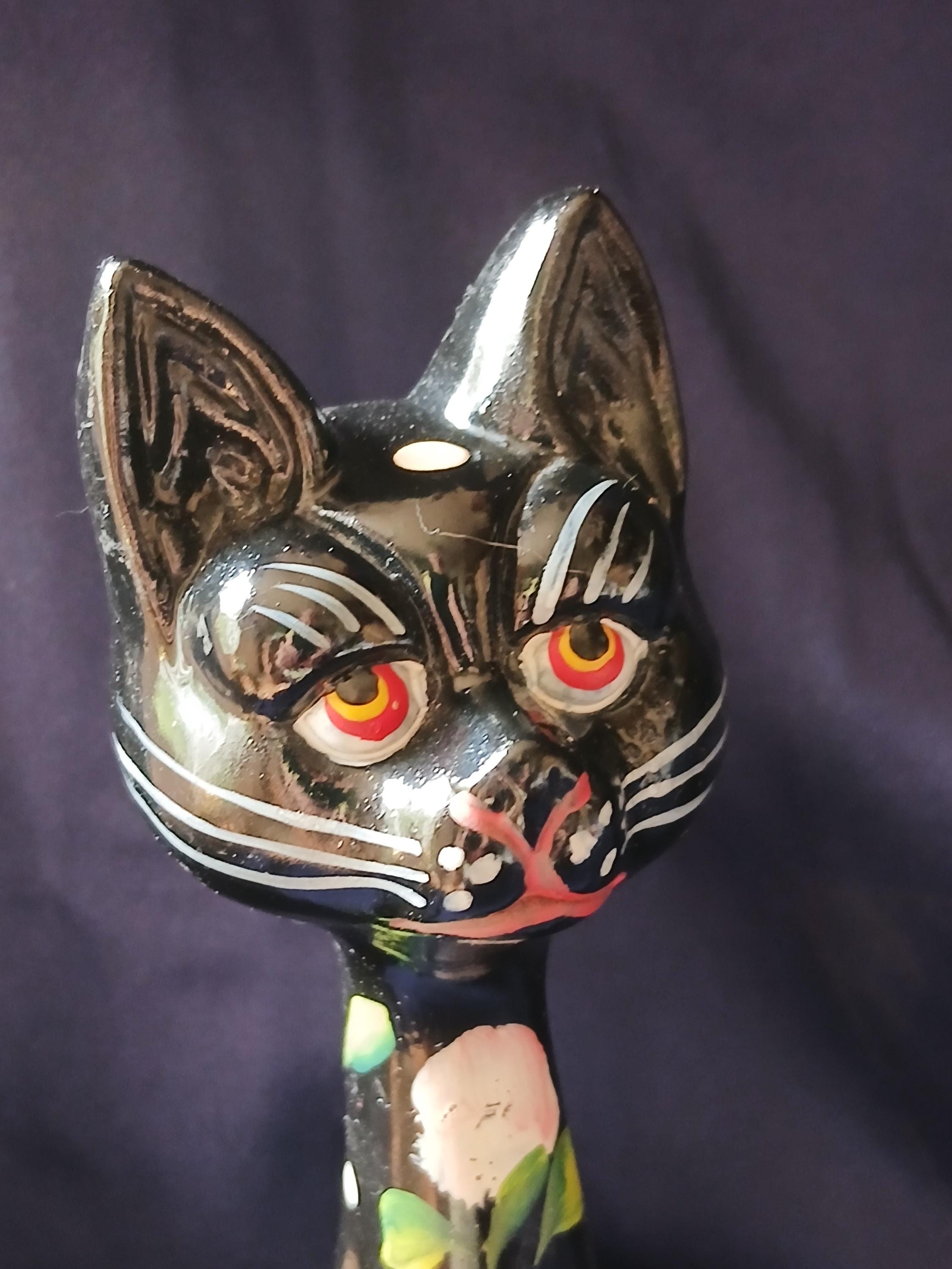 手描きの陶器製猫の置物、ミッドセンチュリーイタリアンスタイルの黒猫 