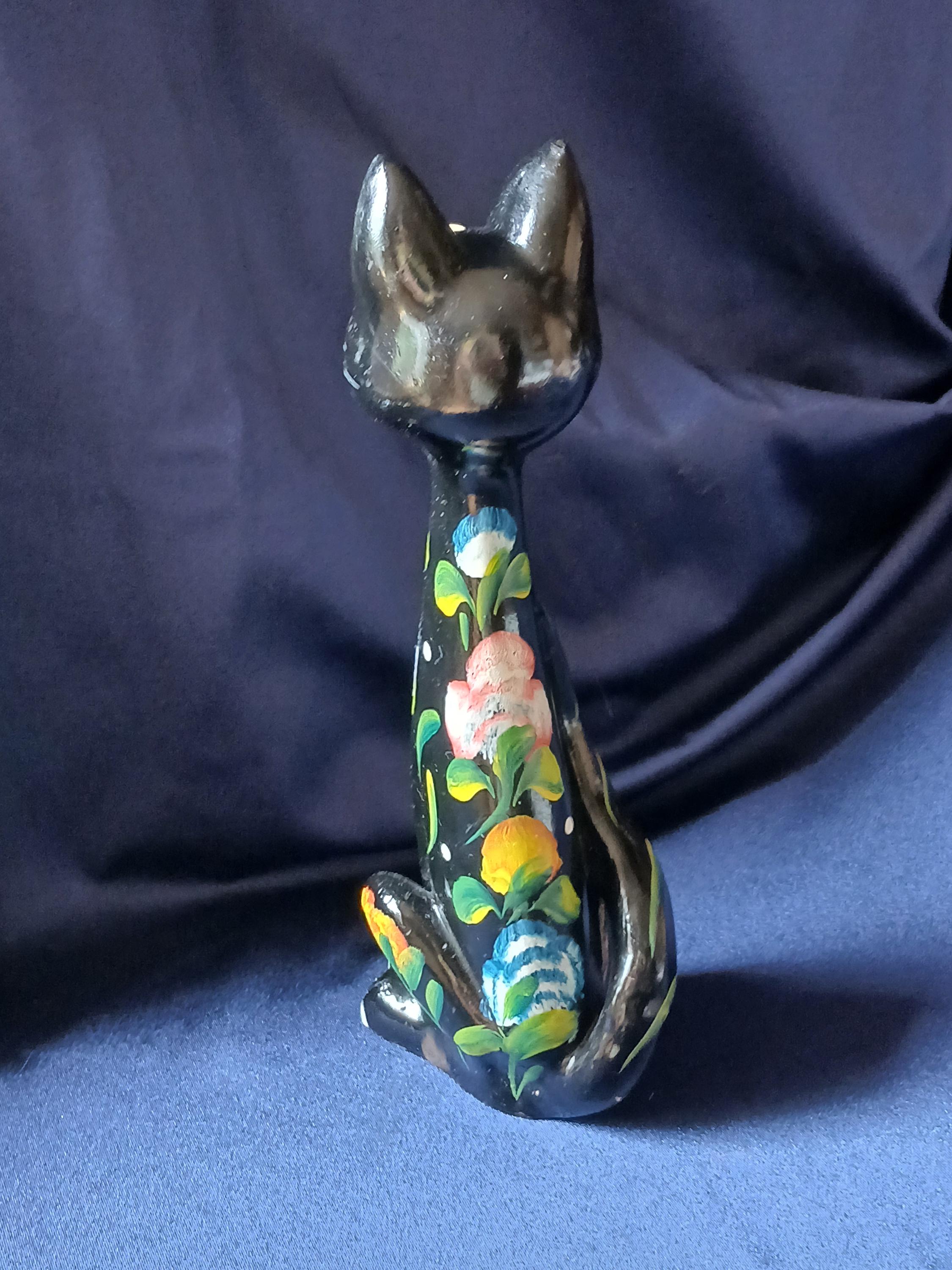 手描きの陶器製猫の置物、ミッドセンチュリーイタリアンスタイルの黒猫 