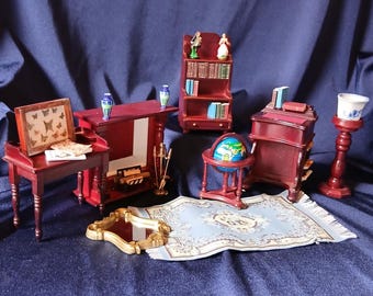 Dolls House Furniture, Dolls House Study, Library, Miniature Writing Desk, Bookshelf, Doll's House Miniatures, Diorama, Tableau, Accessories