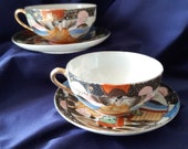Vintage Cups and Saucers, Japanese Tea Set, Japanese Porcelain, Satsuma, Moriage, Eggshell Porcelain, Afternoon Tea, Oriental Teacup, Geisha