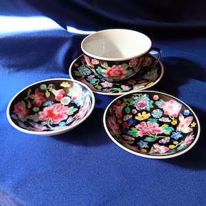 Chinese Tea Cup, Cup and Saucer, Famille Noire, Jingdezhen, Kitchen Decor, Chinese Dishes, Chinese Cup and Saucer
