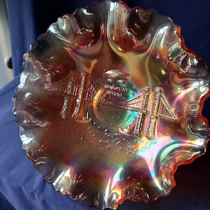 Antique Carnival Glass, Brooklyn Bridge Commemorative, Dugan Carnival Glass, Brooklyn Bridge Carnival Glass Bowl, Home Decor
