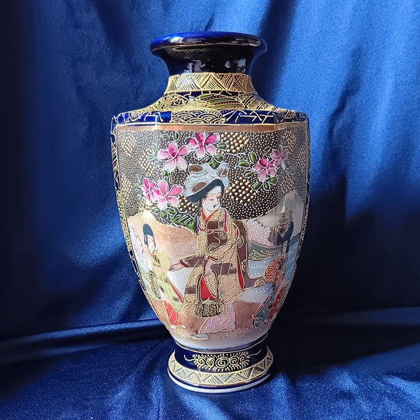 Vintage Vase, Japanese Vase, Moriage, Cobalt Blue Vase, Geisha, Vintage Japanese Vase, Home Decor, Antique Decor, Antique Interiors, Gift